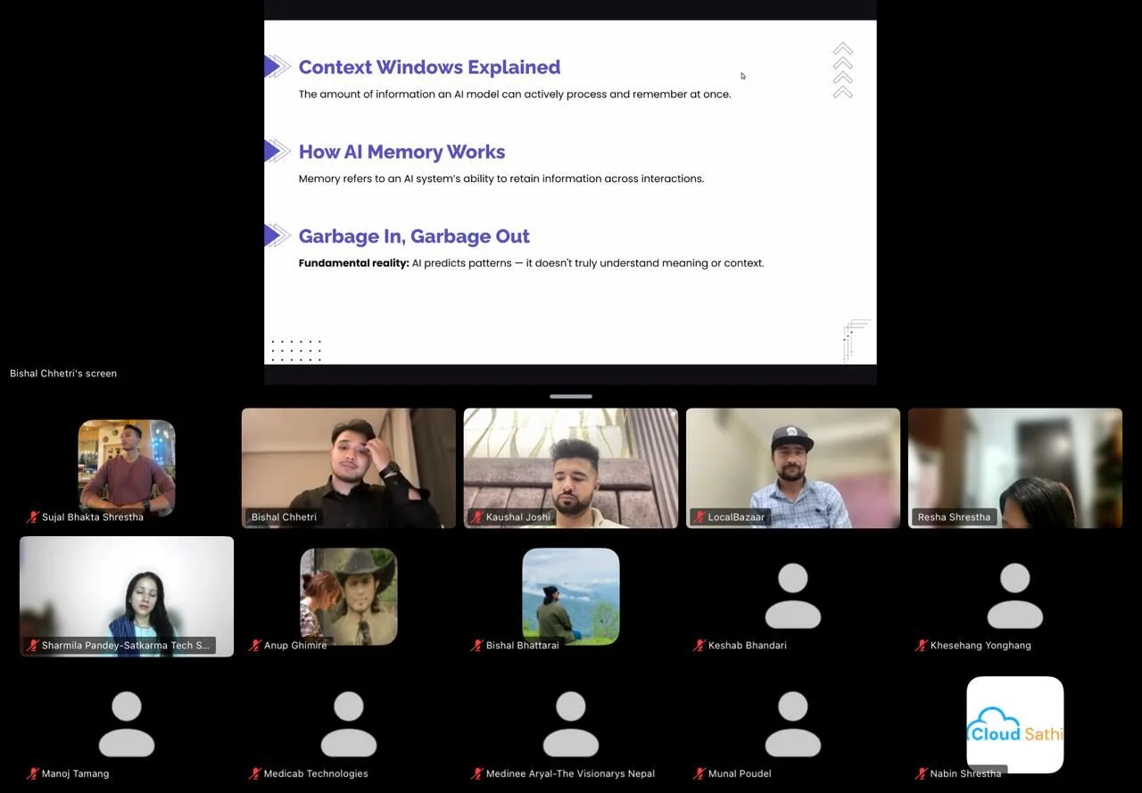Online workshop slide explaining AI context windows, memory, and input quality